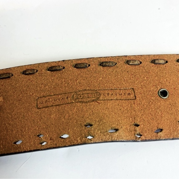 Fossil Brown Leather Tooled Rhinestone Studded Belt Size L - Picture 7 of 9